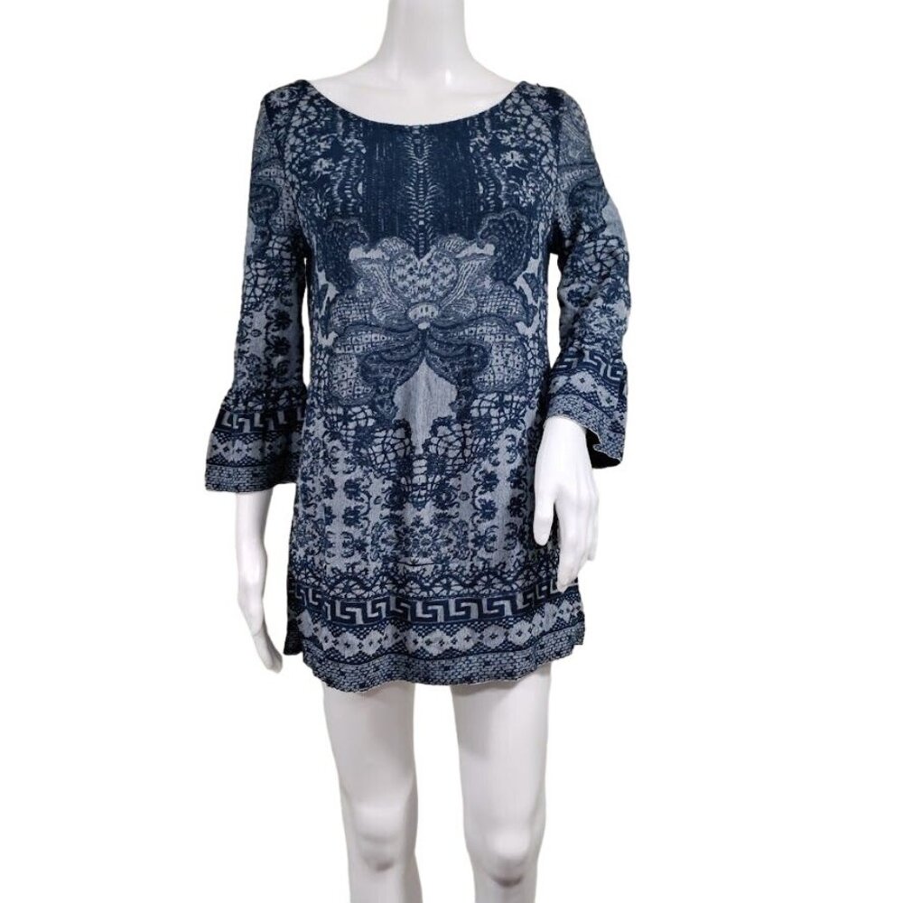 NWT Aldomartins Gothic Print Peplum Artsey Bohemian Hippie 3/4 Sleeve Pullover 6